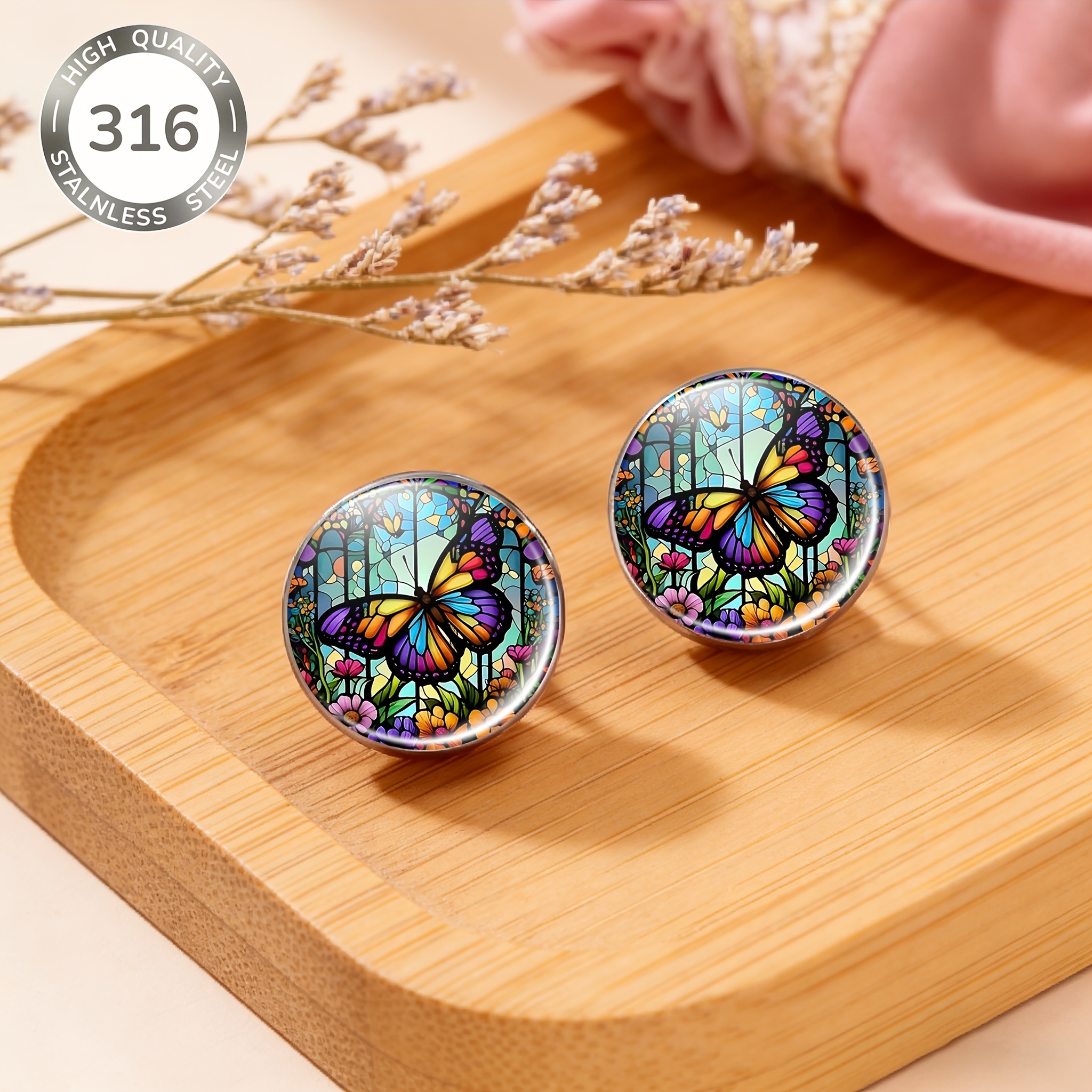 Colorized Butterfly Decorated Glass Style Round Stud Earrings